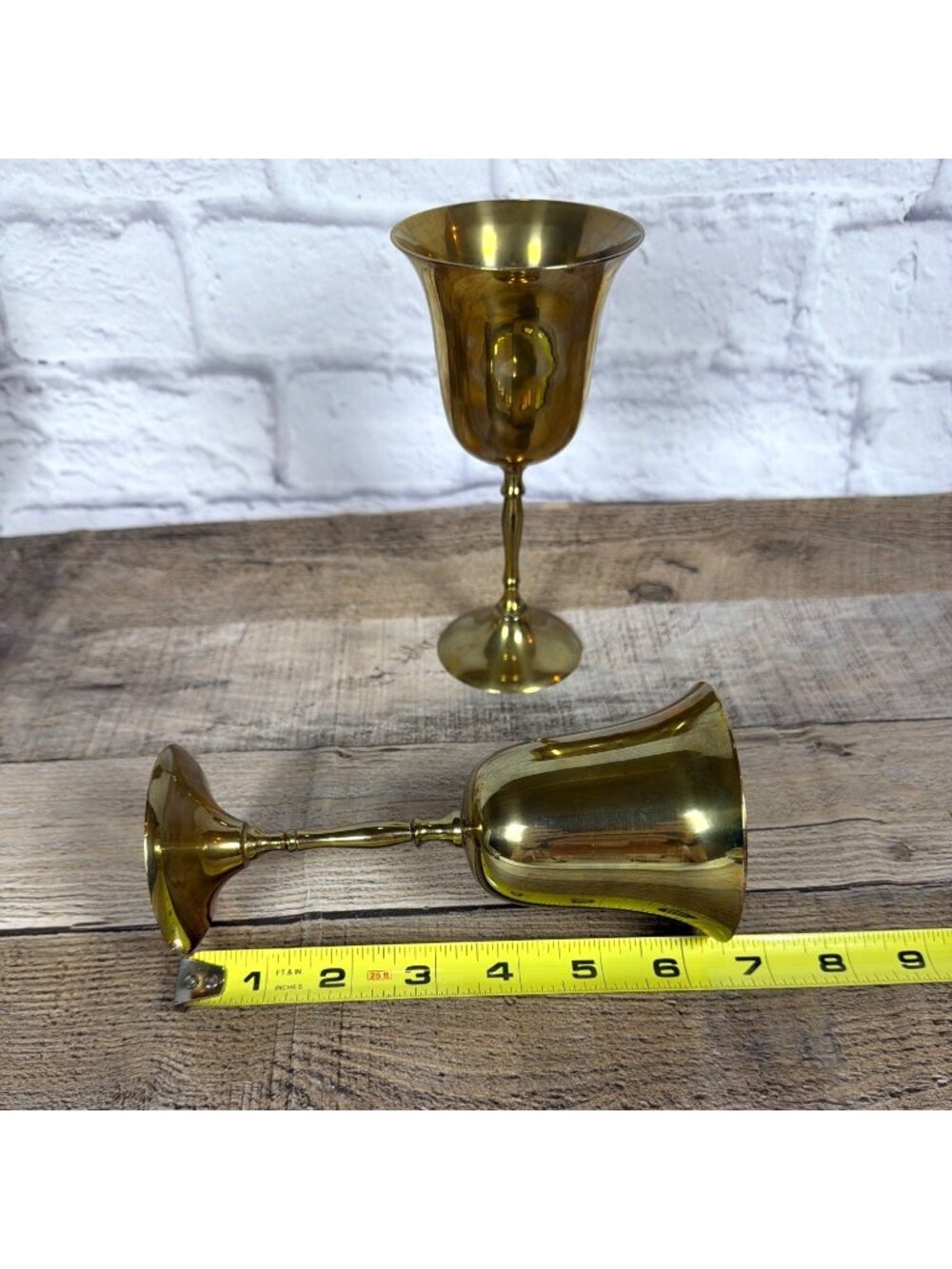 VTG 1970s Mixed Metal Brass & Silver Tone Pair Wine Goblets Set of 2 MCM Barware - Picture 8 of 11